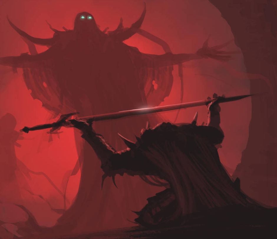 Man giving sword to larger man meme template
